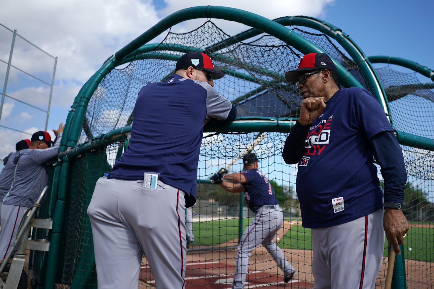 Minnesota Twins manager Rocco Baldelli (5) chatted with hall of famer Rod Carew (29) as they watched batting practice Sunday. ] ANTHONY SOUFFLE • anthony.souffle@startribune.com