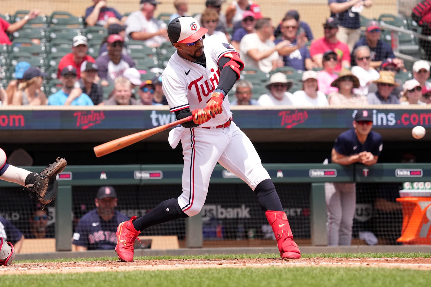 Minnesota Twins designated hitter Byron Buxton (25) hits a home run in the third inning of an MLB game between the Minnesota Twins and the Boston Red Sox Thursday, June 22, 2023 at Target Field in Minneapolis. ] ANTHONY SOUFFLE • anthony.souffle@startribune.com