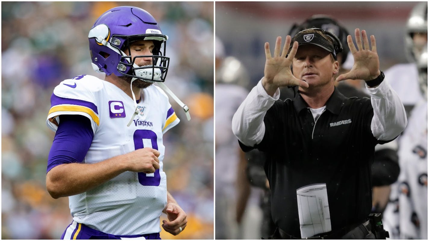 Quarterback Kirk Cousins is in Year 2 of his stint with the Vikings. Jon Gruden is in Year 2 of his second stint with the Oakland Raiders. Neither is gaining popularity points these days. Something will have to give on Sunday.