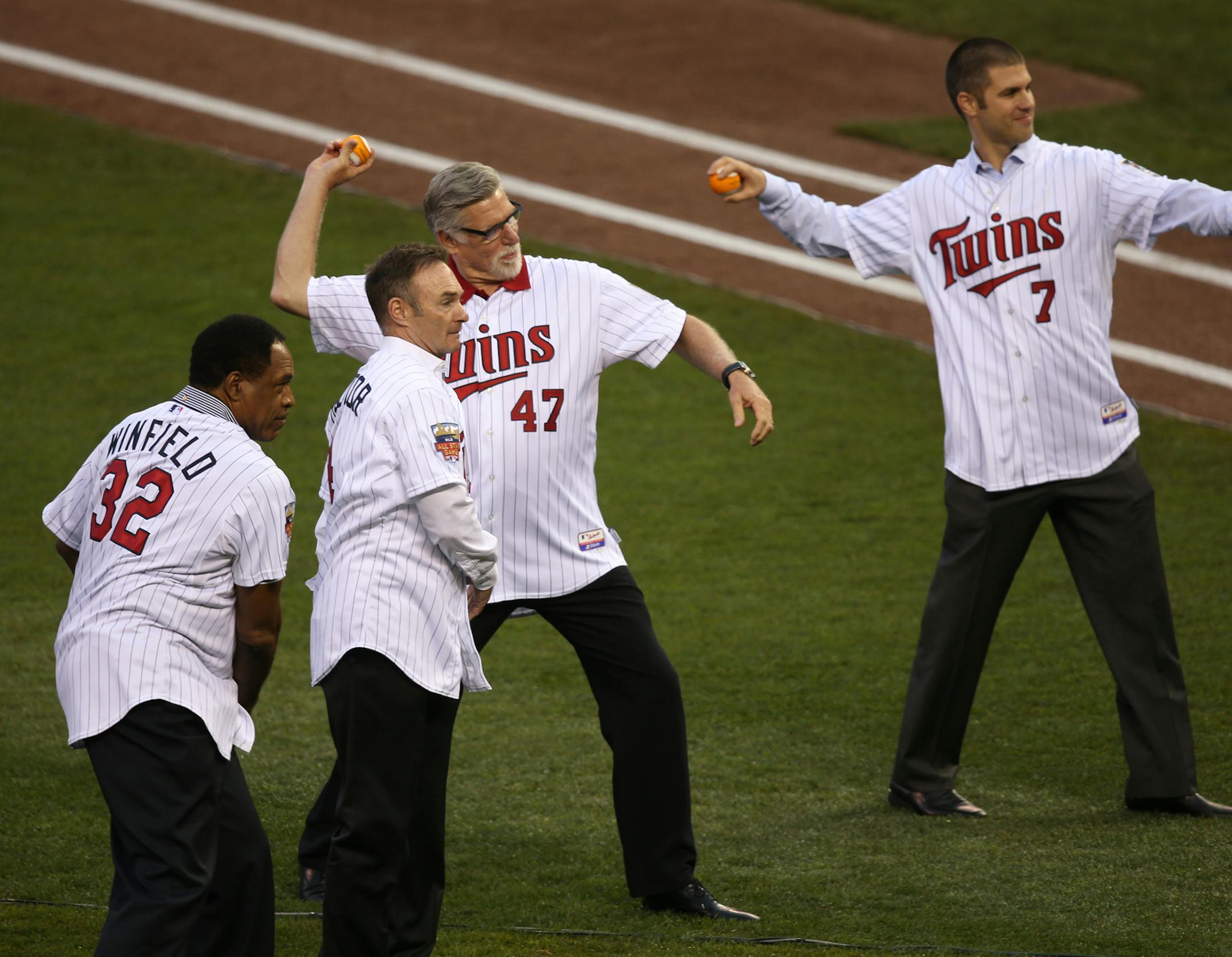 Homegrown twin cities twins through out the first pitch for the Home Run Derby. ] (KYNDELL HARKNESS/STAR TRIBUNE) kyndell.harkness@startribune.com During the All-Star Home run Derby at Target Field in Minneapolis, Min. Monday, July 14, 2014.