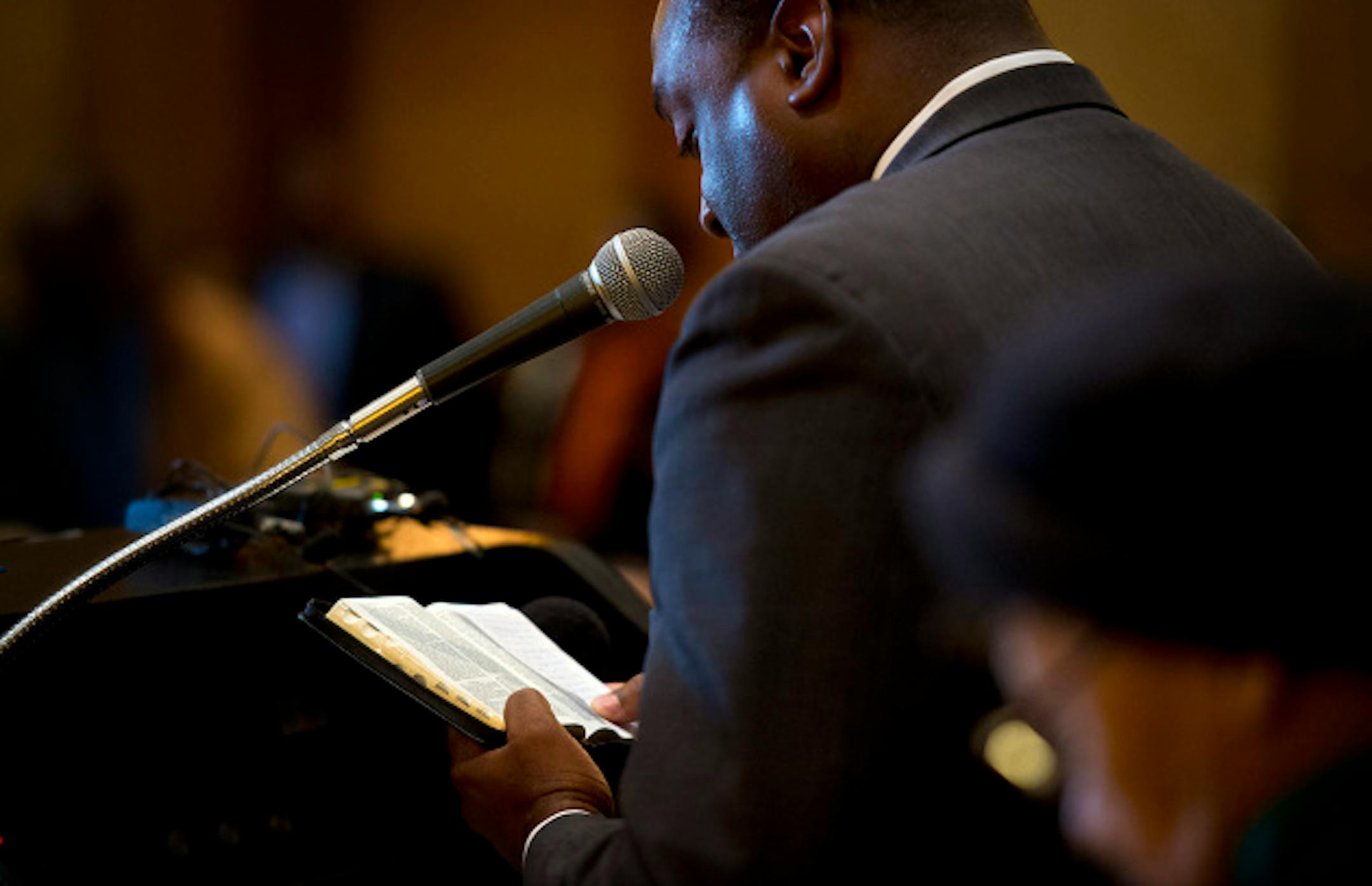 Rev. Charles Gill of Pilgrim Baptist Church, St. Paul read from the book of Jeremiah in the Capitol Rotunda.  African-American clergy and members of the faith community held a faith rally at the Minnesota State Capitol on the 45th anniversary of Dr. Martin Luther King's assassination to support a bill that would reduce racial disparities in juvenile detention and provide funding for alternatives.  Thursday, April 4, 2013  ]   GLEN STUBBE * gstubbe@startribune.com