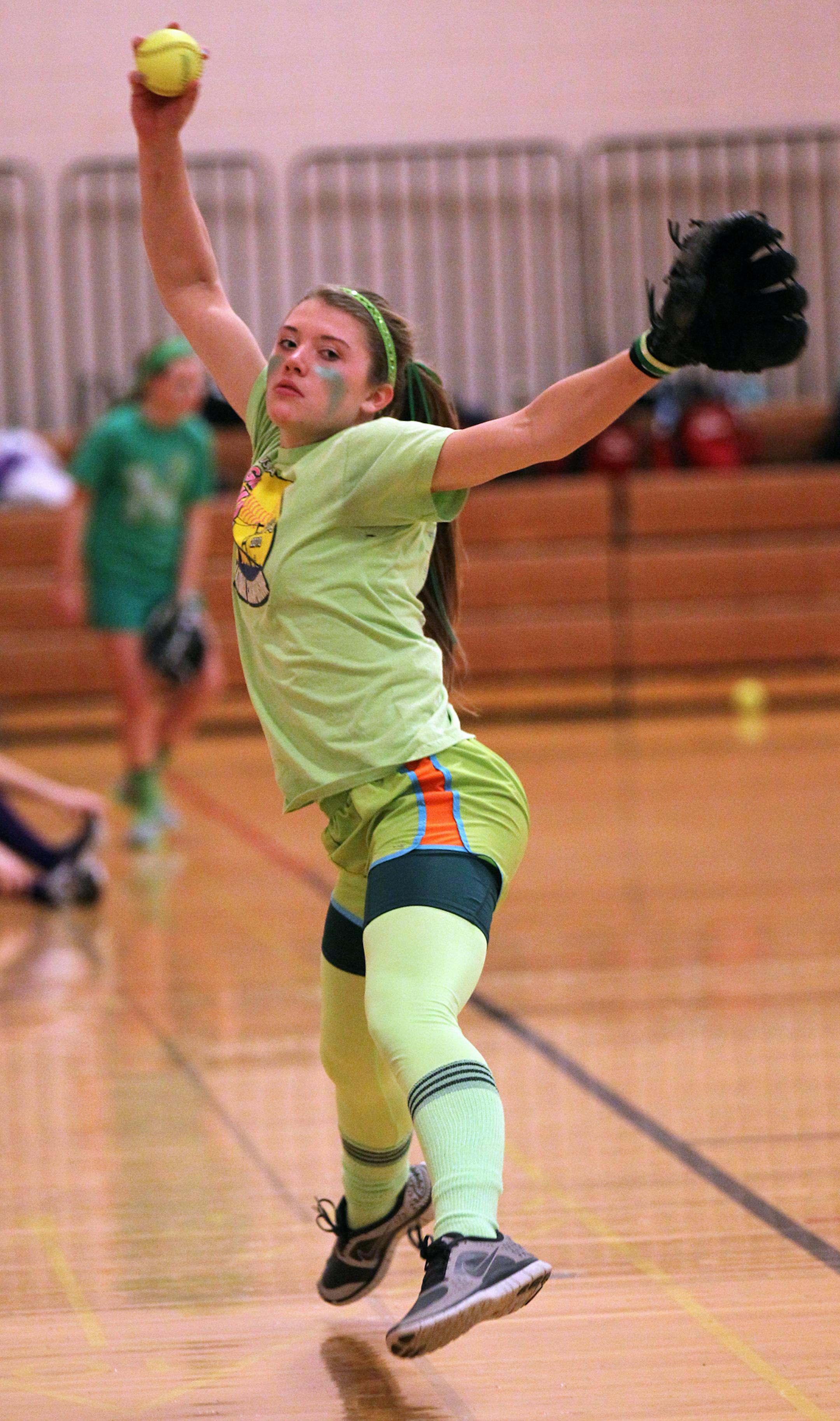 Color Day for the Lakeville North softball team as they practiced in the school gym. The players dressed in their favorite colors. Pitcher Michaela Zins. (MARLIN LEVISON/STARTRIBUNE(mlevison@startribune.com (cq coach Sean Hall)