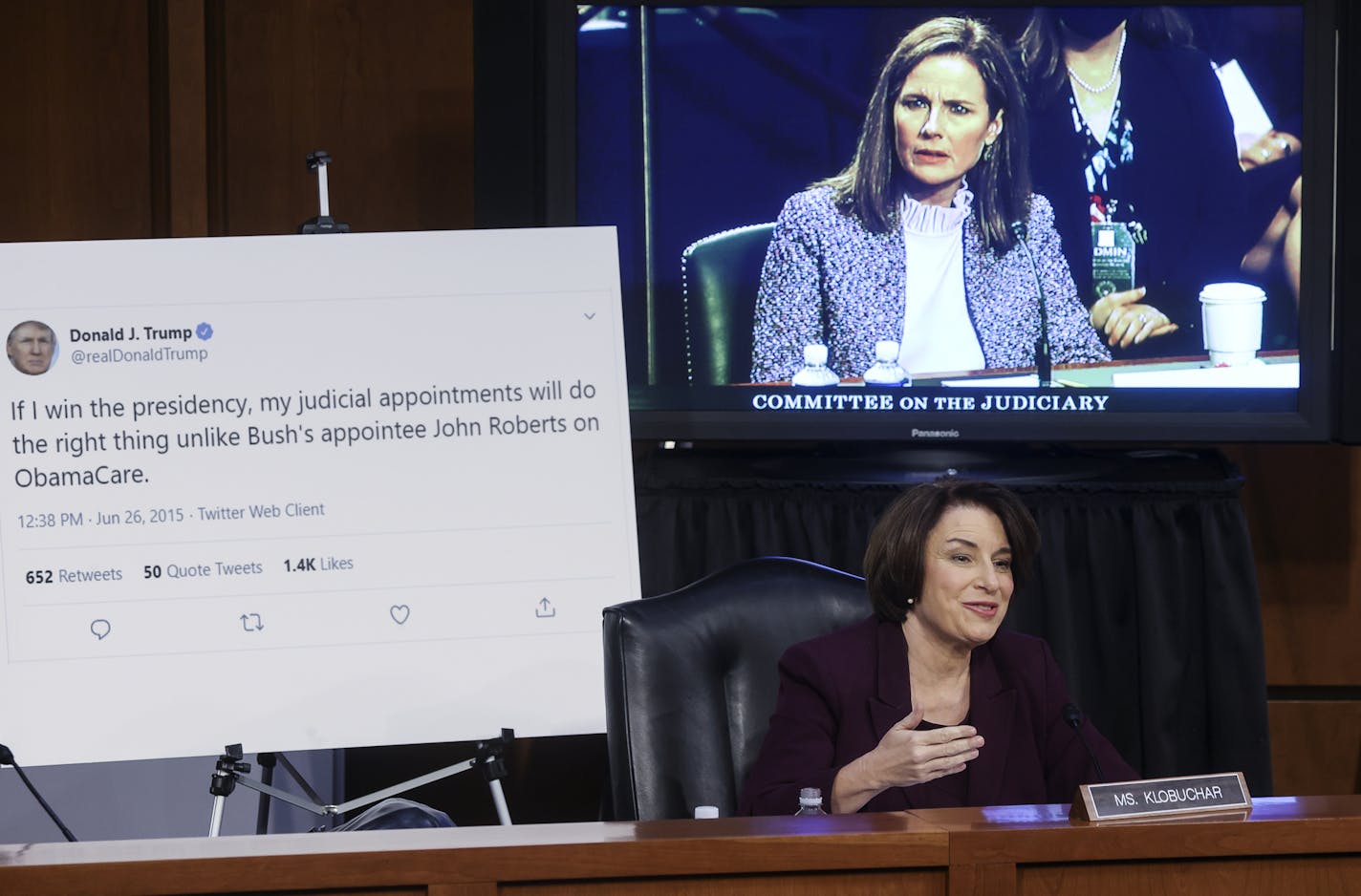 Sen. Amy Klobuchar, D-Minn., questions Supreme Court nominee Amy Coney Barrett during the third day of her confirmation hearings before the Senate Judiciary Committee on Capitol Hill in Washington, Wednesday, Oct. 14, 2020. (Jonathan Ernst/Pool via AP)