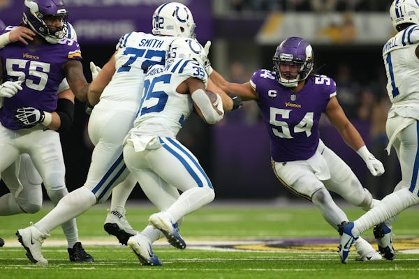 Colts running back Deon Jackson was stopped by Vikings linebacker Eric Kendricks Saturday