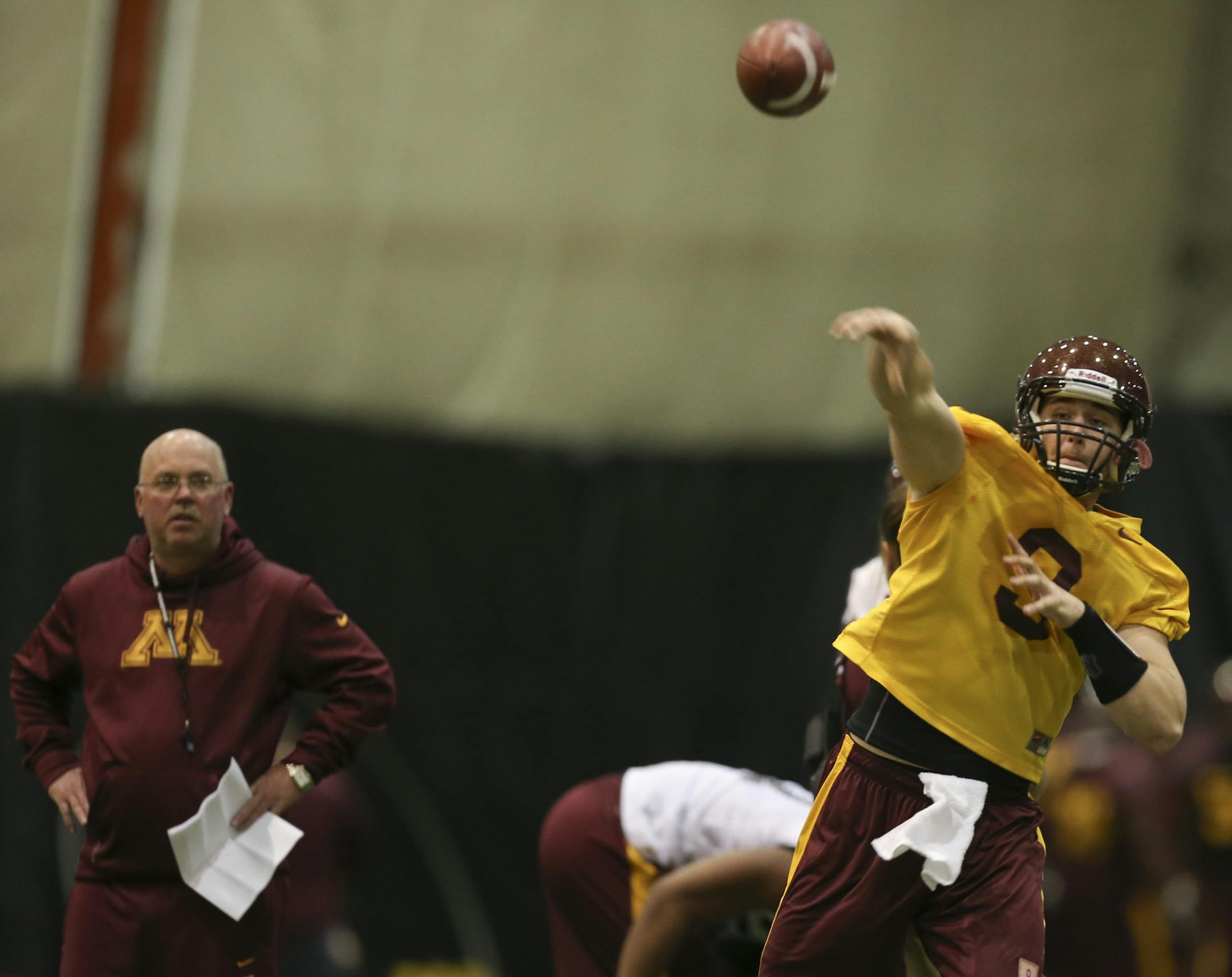 The University of Minnesota football team held their first day of spring practice indoors at the Gibson-Nagurski Football Complex Tuesday afternoon, March 26, 2013 in Minneapolis, Minn. Gophers' head coach Jerry Kill observed his likely starting quarterback, Philip Nelson, throwing during practice Tuesday afternoon. ] JEFF WHEELER ‚Ä¢ jeff.wheeler@startribune.com ORG XMIT: MIN1303261900471268