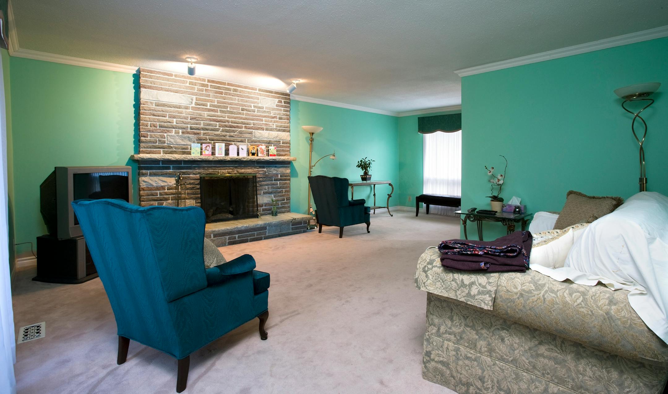 Ava and Dave's old-fashioned, minty-green living room was stuck in the '60s.