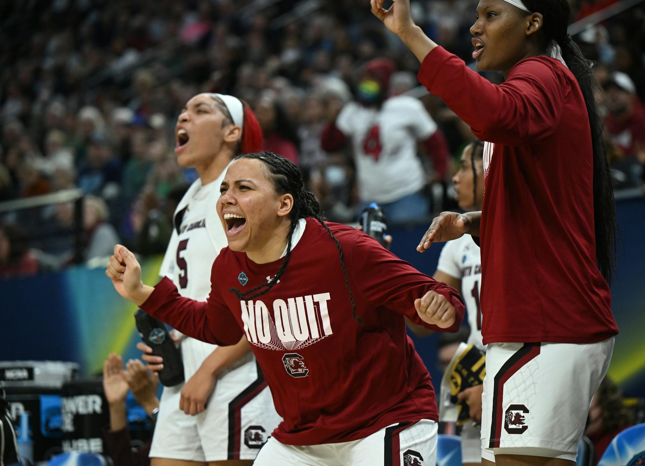 South Carolina bench react during the championship game.