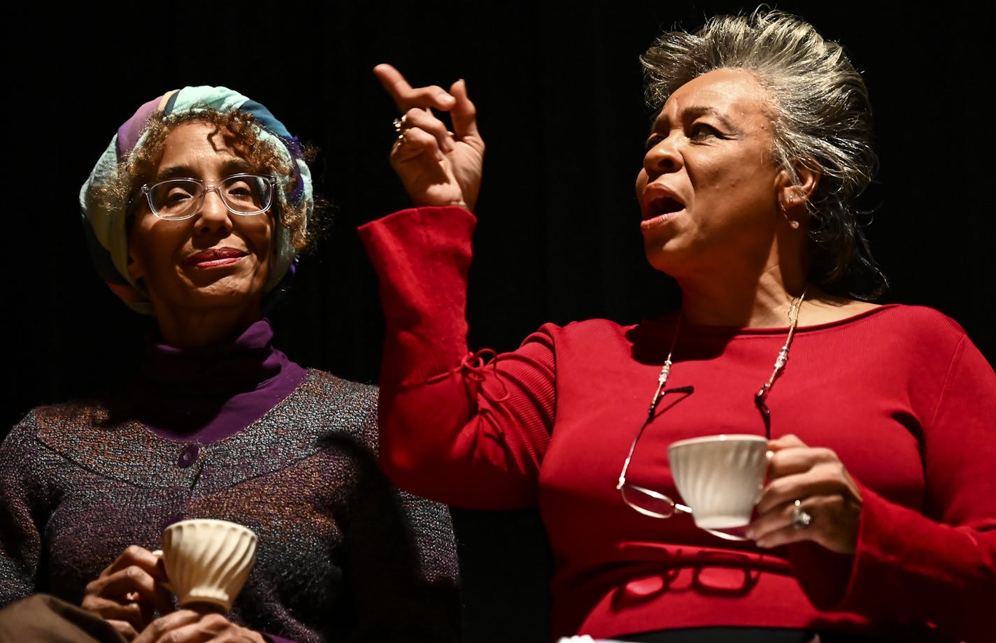 From left, Fawn E. Wilderson, playing Aunt Frankie, and Roxanne Poindexter, playing Nellie, rehearsed for the play, "Not in Our Neighborhood," Thursday night. ] Aaron Lavinsky &#xa5; aaron.lavinsky@startribune.com A new play written by local playwrights examines the little-known story of a white St. Paul neighborhood viciously opposing an African American couple moving into their neighborhood in 1924. The house, in St. Paul's Groveland Park, did not have restrictive covenants preventing a sale t