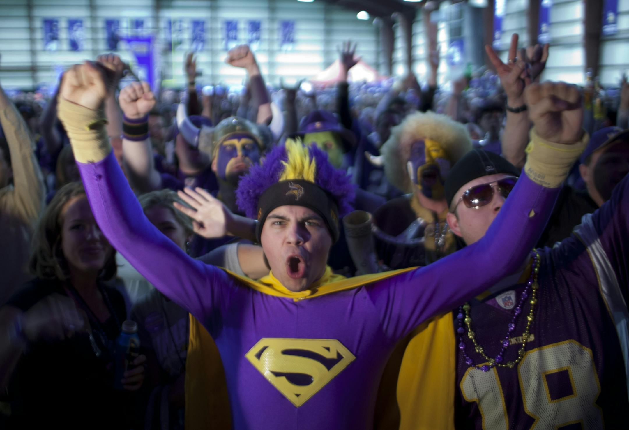 Ben "Superman" Theis reacted after the Vikings announced their first round pick in the 2011 NFL draft Thursday night, Florida State quarterback Christian Ponder.