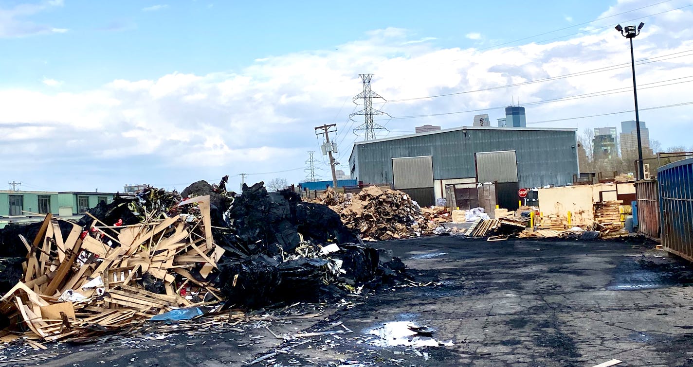 A fire at Pioneer Industries' paper recycling plant west of downtown Minneapolis burned large bales of paper and stacks of wooden pallets on Sunday, April 26.