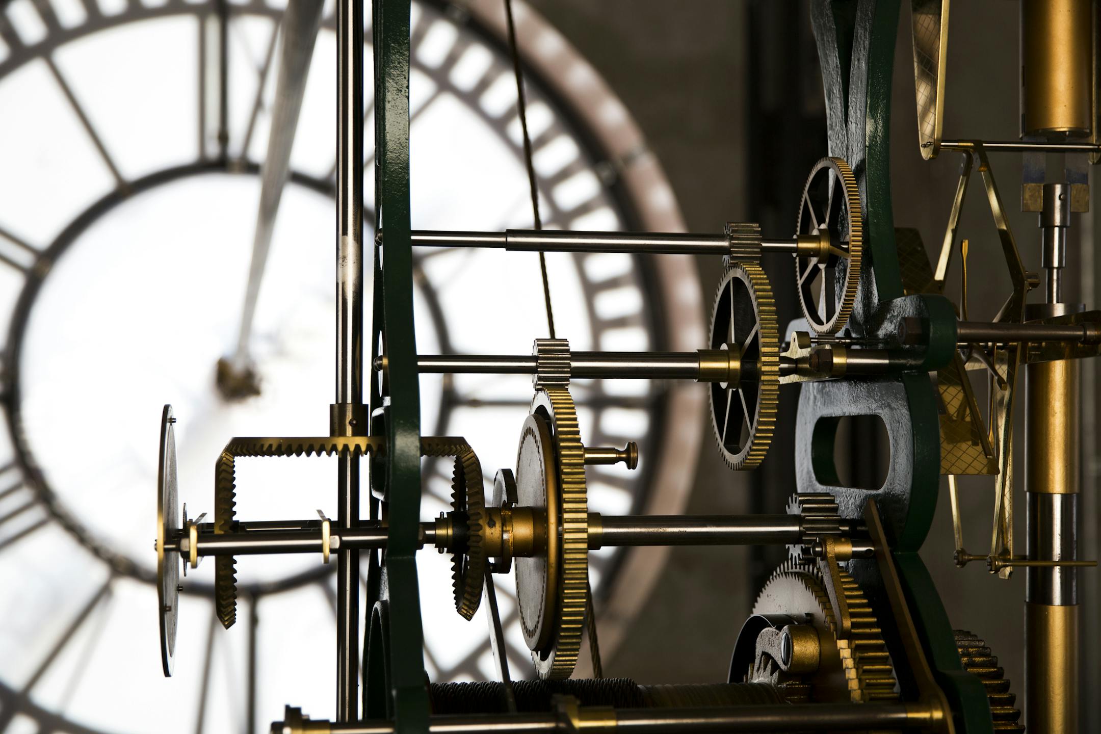 This June 4, 2014 photo shows the E. Howard & Co. bell mechanism and a view of one of the four clock faces it controls in The Old Red Museum clock tower in Dallas. The large clock at the top of the former Dallas County courthouse, which now houses the Old Red Museum of Dallas County History & Culture, runs on its own, wound electrically by two auto-winding mechanisms for the time and the bell. (AP Photo/The Dallas Morning News, Brittany Sowacke) MANDATORY CREDIT; MAGS OUT; TV OUT; INTERNET USE B