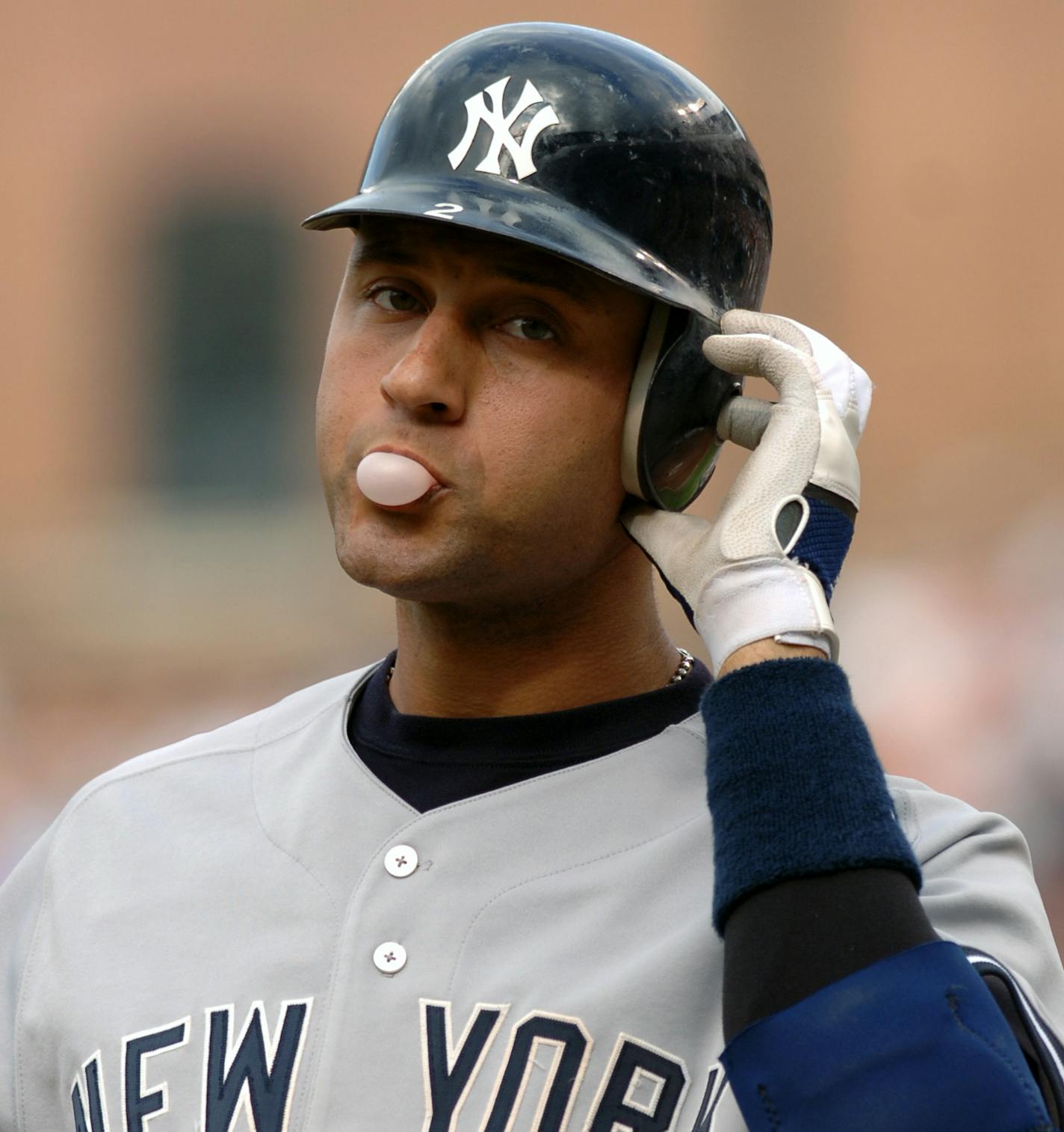 New York Yankees' Derek Jeter blows a bubble after stepping out of the batter's box against the Baltimore Orioles in the second inning of a baseball game Saturday, June 3, 2006, in Baltimore.(AP Photo/Gail Burton). ORG XMIT: BAB110