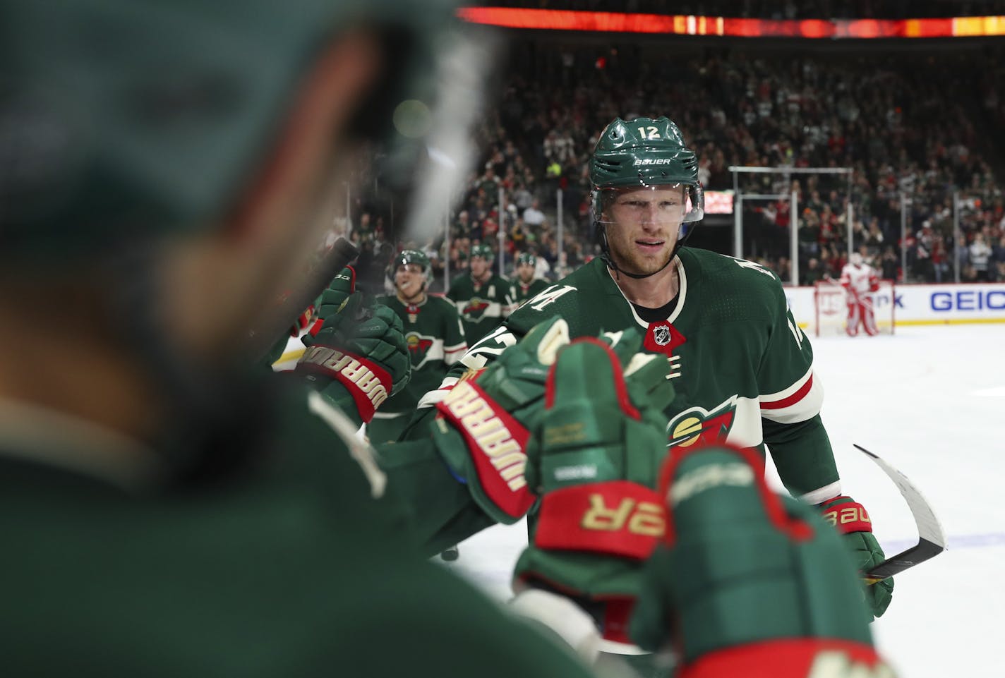 Minnesota Wild center Eric Staal (12) skated past the bench to receive congratulations for tying the game 1-1 on a power play in the second period. ] JEFF WHEELER &#xef; jeff.wheeler@startribune.com The Minnesota Wild faced the Detroit Red Wings in an NHL hockey game Sunday night, March 4, 2018 at Xcel Energy Center in St. Paul.