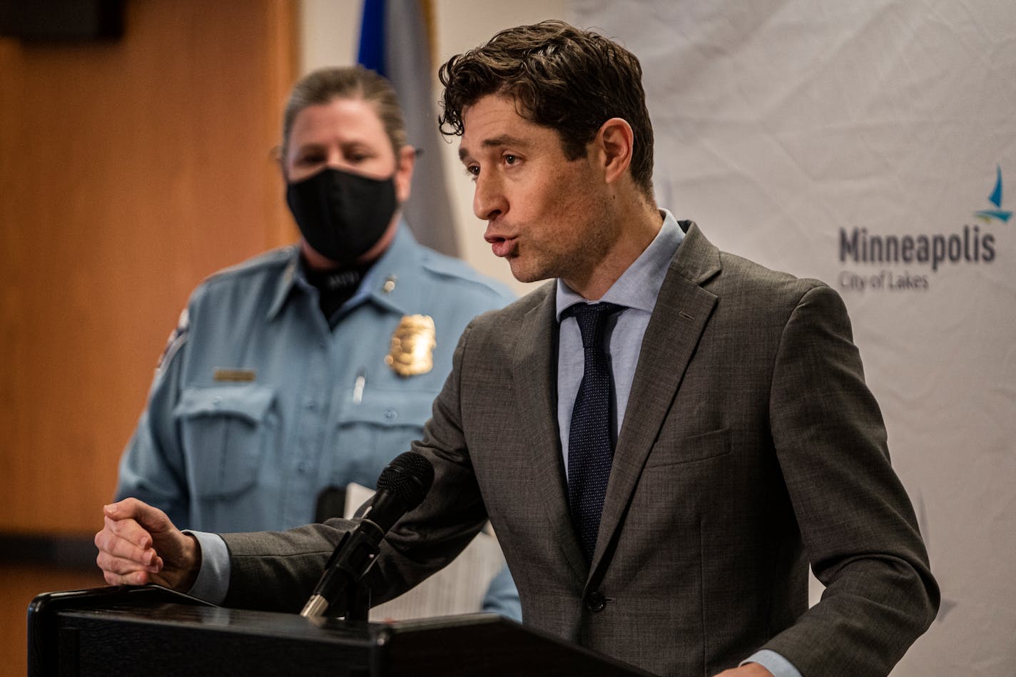 Minneapolis Mayor Jacob Frey and Interim Police Chief Amelia Huffman addressed the rise of crime in the city and the efforts to recruit police officers in the coming year in Minneapolis, Minn., on Wednesday, Jan. 5, 2022. Minneapolis city leaders address crime in the city and the mask mandate.] RICHARD TSONG-TAATARII • richard.tsong-taatarii@startribune.com