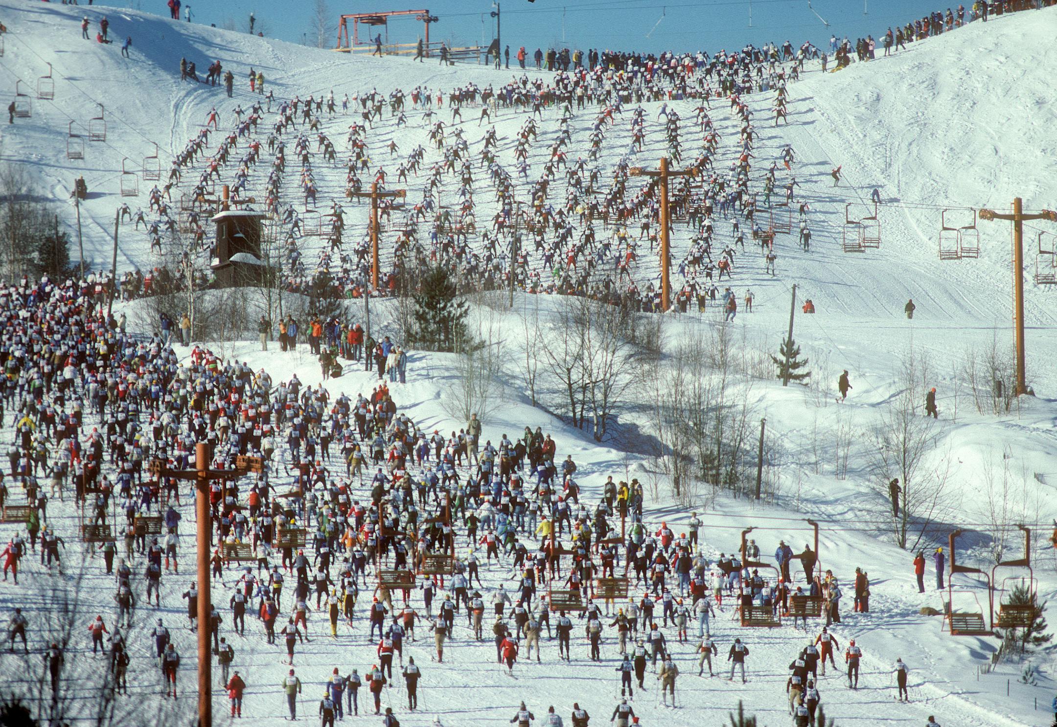 Thousands of cross country skiers climbed Mount Telemark at the start of the 1979 American Birkebeiner.