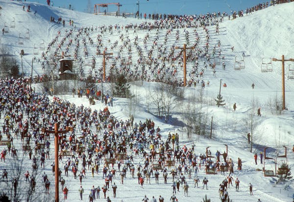 Thousands of cross country skiers climbed Mount Telemark at the start of the 1979 American Birkebeiner.