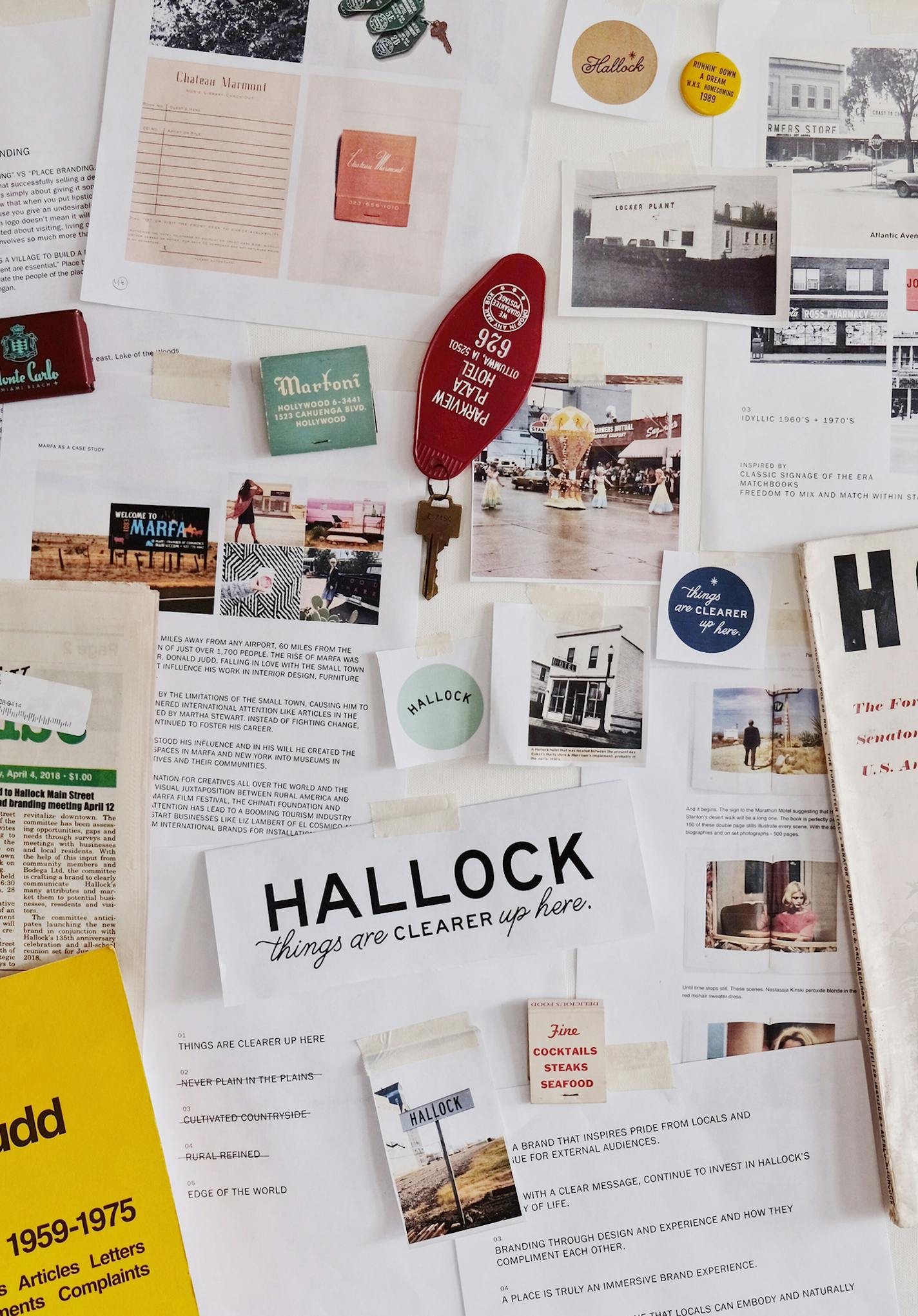 Provided by Bodega. Pinned moodboard image including the tagline, branding and inspiration for Hallock.