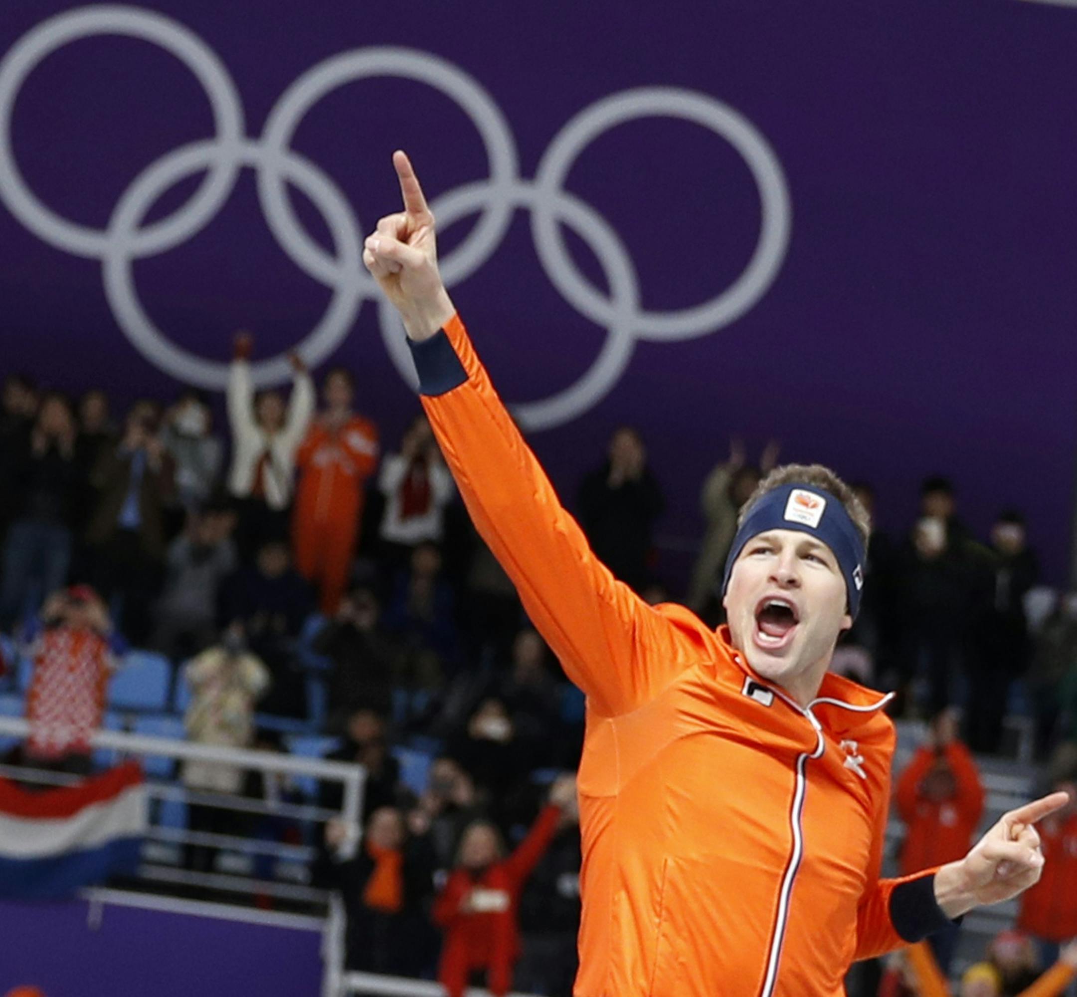 Gold medallist and new Olympic record holder Sven Kramer of The Netherlands celebrates after the men's 5,000 meters race at the Gangneung Oval at the 2018 Winter Olympics in Gangneung, South Korea, Sunday, Feb. 11, 2018. (AP Photo/Vadim Ghirda)