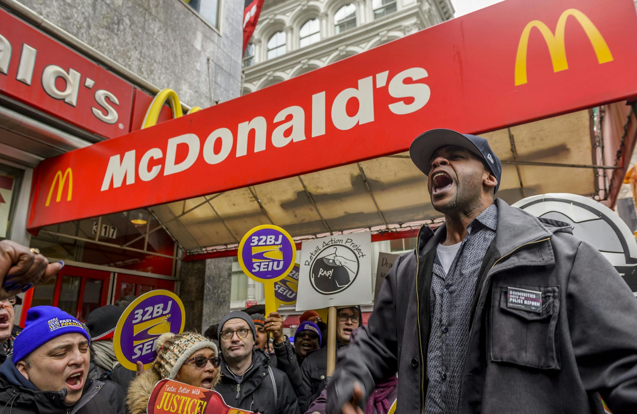 Days ahead of Andy Puzder's confirmation hearing for labor secretary, fast food workers in the fight for 5 took their opposition to downtown New York's McDonalds during the lunchtime rush to demand the fast-food mogul withdraw his nomination or be rejected by the U.S. Senate on February 13, 2017 in New York, NY. (Erik Mcgregor/Pacific Press/Zuma Press/TNS)
