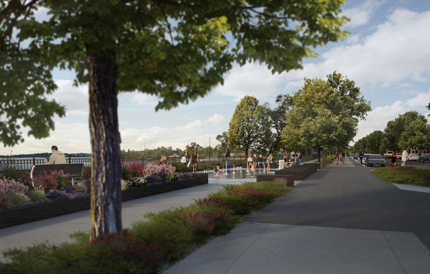 Plans for Panoway on Wayzata Bay include a streetside plaza with a water feature, bike path and other amenities.