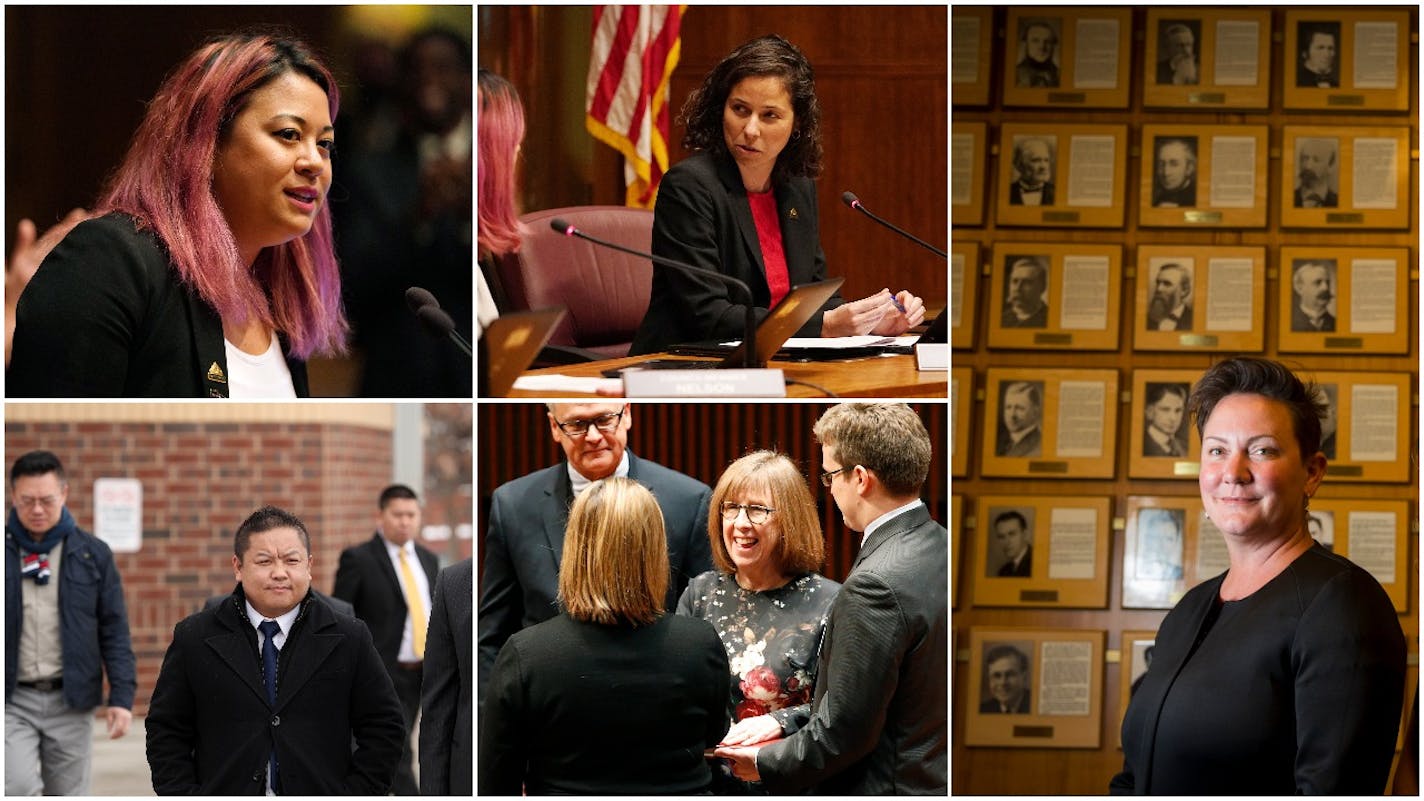 (Top left to right, clockwise) St. Paul City Council Members Mitra Jalali Nelson, Rebecca Noecker, Amy Brendmoen, Jane Prince and Dai Thao are all seeking re-election. Dan Bostrom is the lone member not to pursue another term.