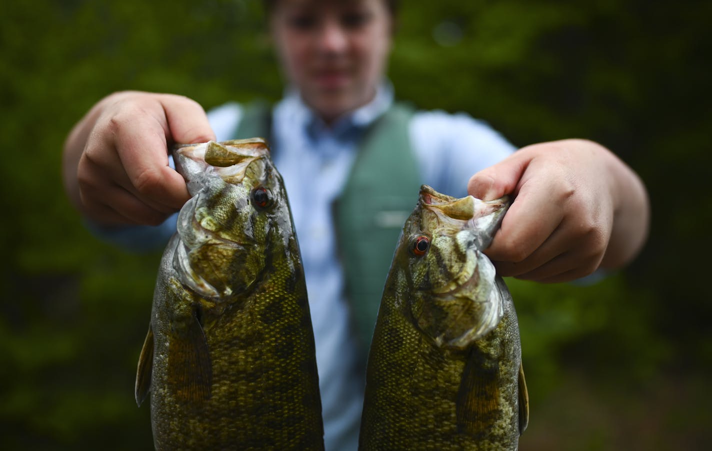 Aidan Jones, 14, held up his afternoon catches, two smallmouth bass which were fried up for dinner. ] Aaron Lavinsky &#xa5; aaron.lavinsky@startribune.com DAY 1 - Tony Jones, his 14-year old son Aidan , their friend Brad Shannon and Outdoors editor Bob Timmons embarked onto the Voyageurs Highway on Tuesday, June 11, 2019. Their path Tuesday took them from Gunflint Lake, to North Lake, through the Height of Land Portage eventually ending at a camp site on South Lake in the BWCA. ORG XMIT: MIN1906