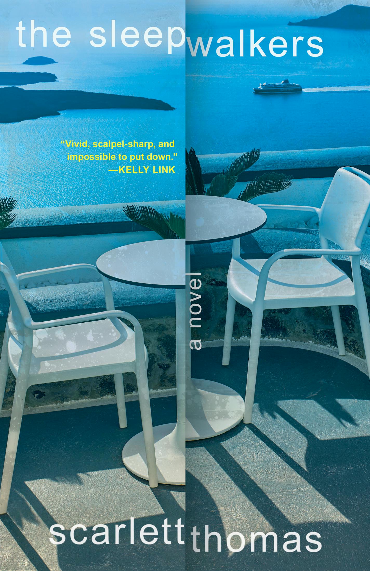 blue cover of "Sleepwalkers," with a table in front of a sea