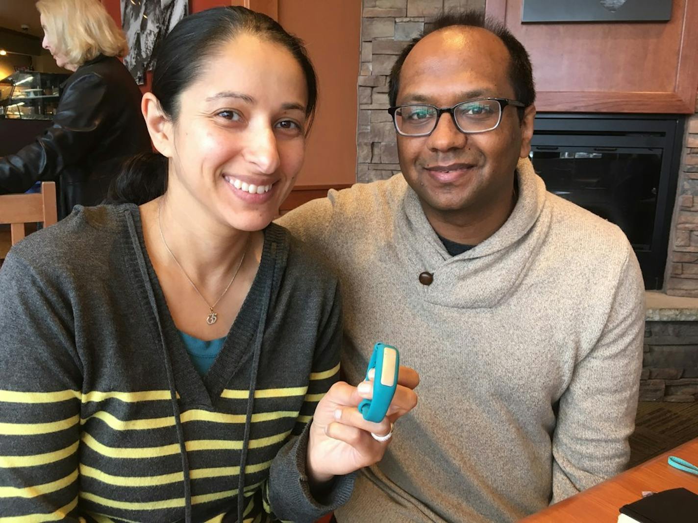 Aneela and Sameer Kumar, winner of the MEDA minority business competition, were pictured last November with the HabitAware Keen bracelet.
Photo: Neal.St.Anthony@startribune.com