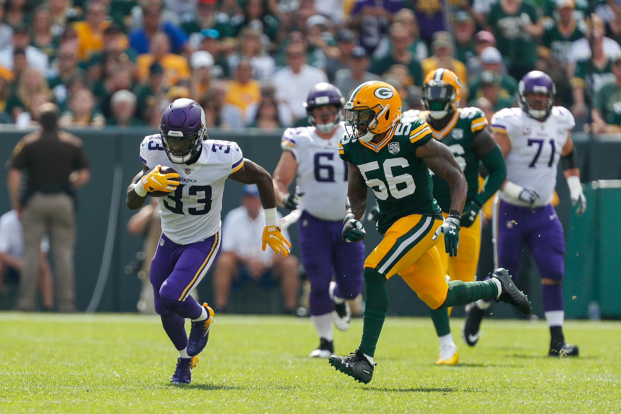 Minnesota Vikings running back Dalvin Cook in action during an NFL football game between the Green Bay Packers and Minnesota Vikings Sunday, Sept. 16, 2018, in Green Bay, Wis. (AP Photo/Matt Ludtke)