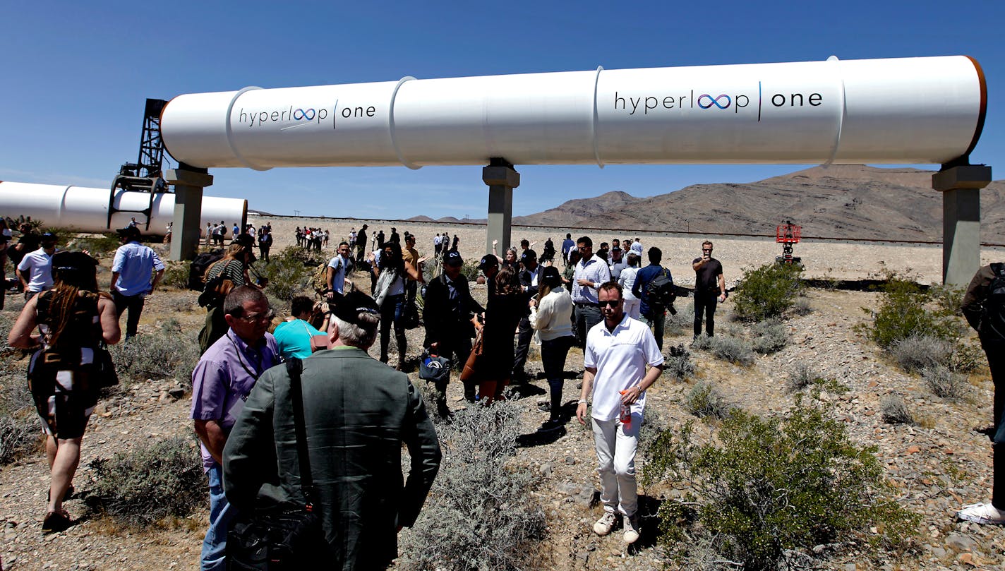 A Hyperloop tube is displayed during the first test of the propulsion system at the Hyperloop One Test and Safety site on May 11, 2016, in Las Vegas.