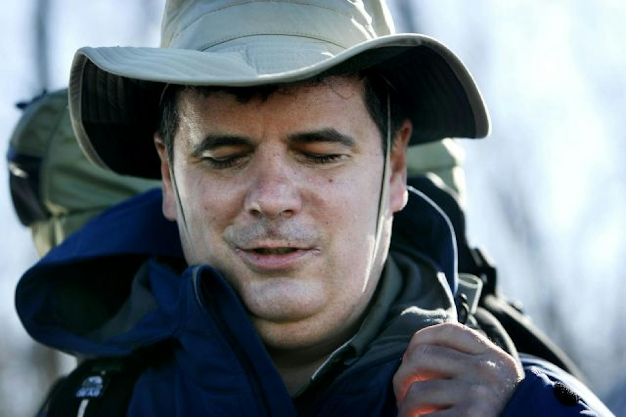 Hanson listened to GPS instructions while preparing for his 14-state hike. He has a law degree but has been working as a telemarketer and hopes to demonstrate that blind people can achieve lofty goals.