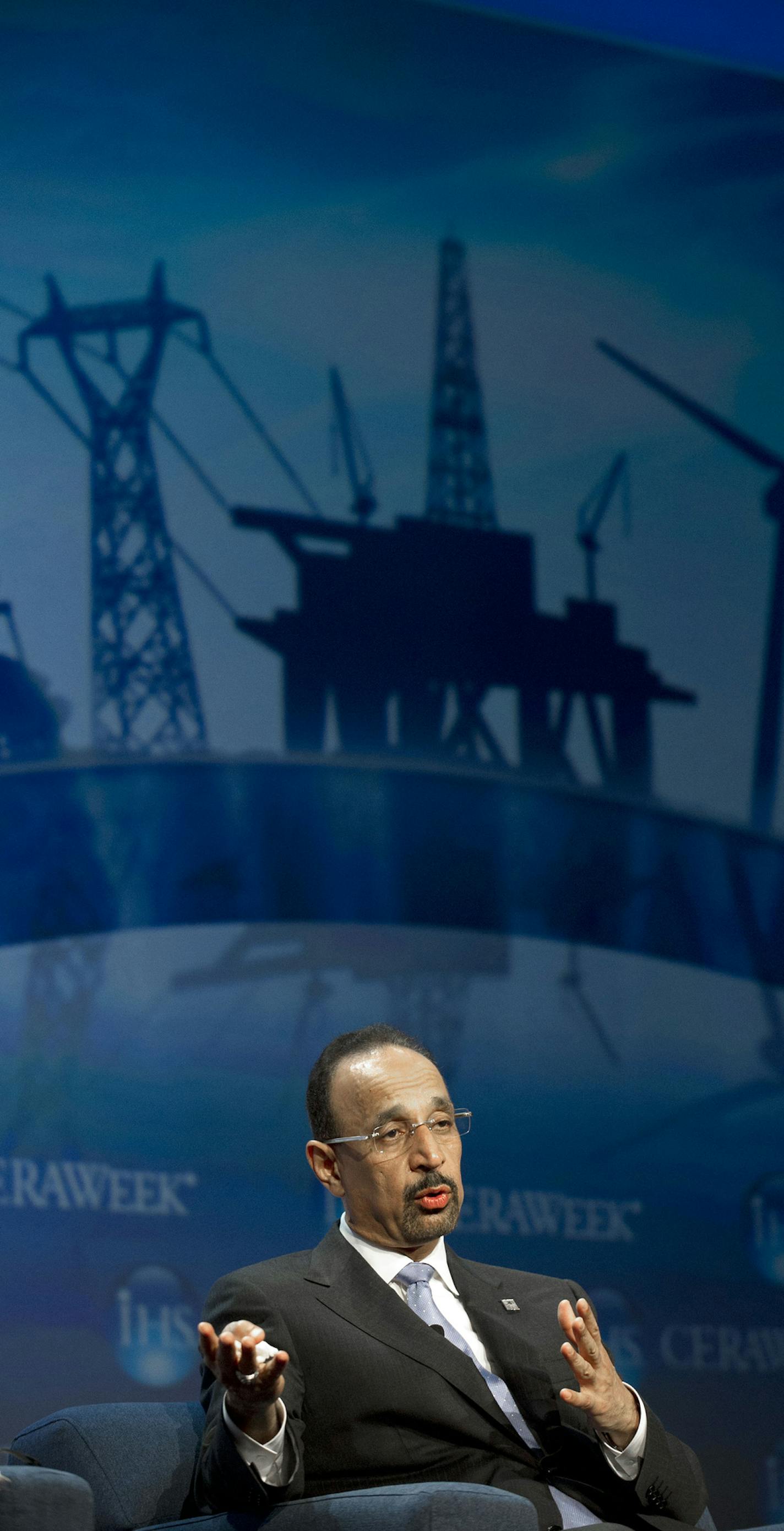 Saudi Aramco President and CEO Khalid Al-Falih speaks at the IHS CERAWEEK energy conference Tuesday, March 5, 2013, in Houston. (AP Photo/Pat Sullivan) ORG XMIT: TXPS1