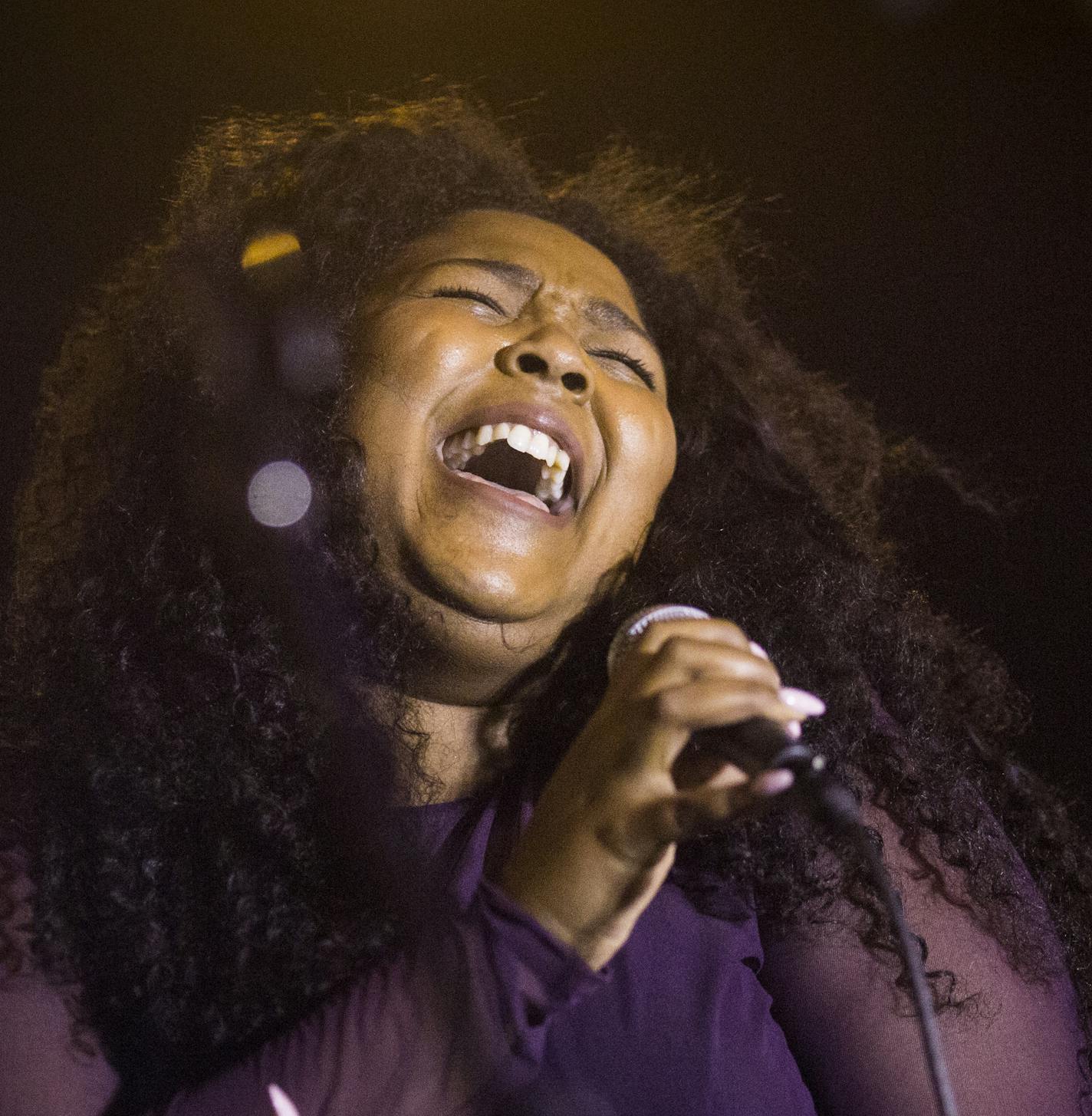 Lizzo performed for a huge crowd that came out for a Prince dance party outside of First Avenue on Thursday night, April 21, 2016. ] RENEE JONES SCHNEIDER * reneejones@startribune.com