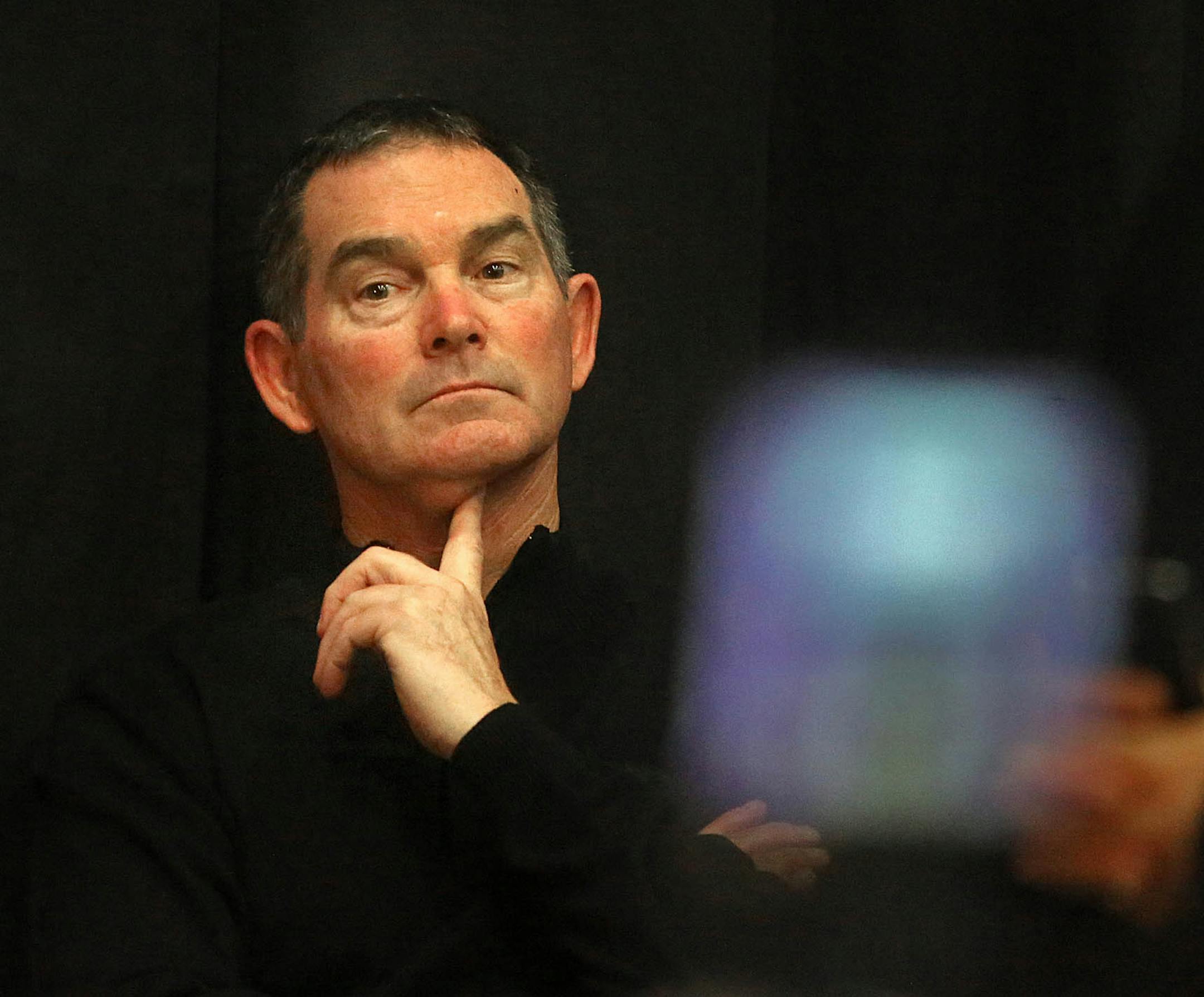 Head coach Mike Zimmer looked on as the Vikingsí first round draft pick Laquon Treadwell answered questions at Winter Park. ] james.gehrz@startribune.com /Eden Prairie, MN / April 29, 2016 3:00 PM - BACKGROUND INFORMATION: Vikings' first-round pick, WR Laquon Treadwell, will be introduced at the Winter Park Fieldhouse.