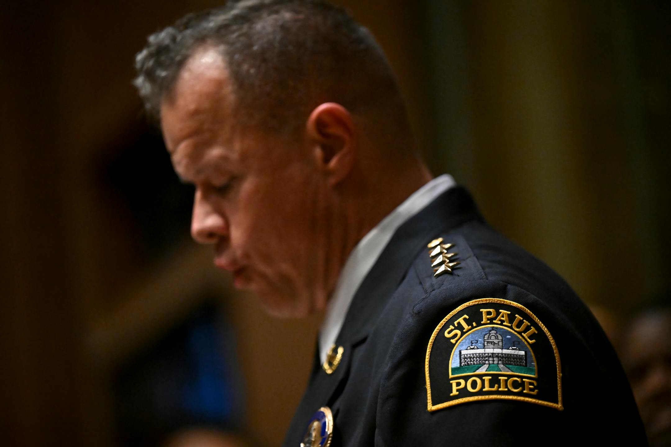 Newly sworn-in St. Paul Police Chief Axel Henry speaks to the city council after they unanimously voted to confirm Henry Wednesday, Nov. 16, 2022 at St. Paul City Hall in St. Paul, Minn..