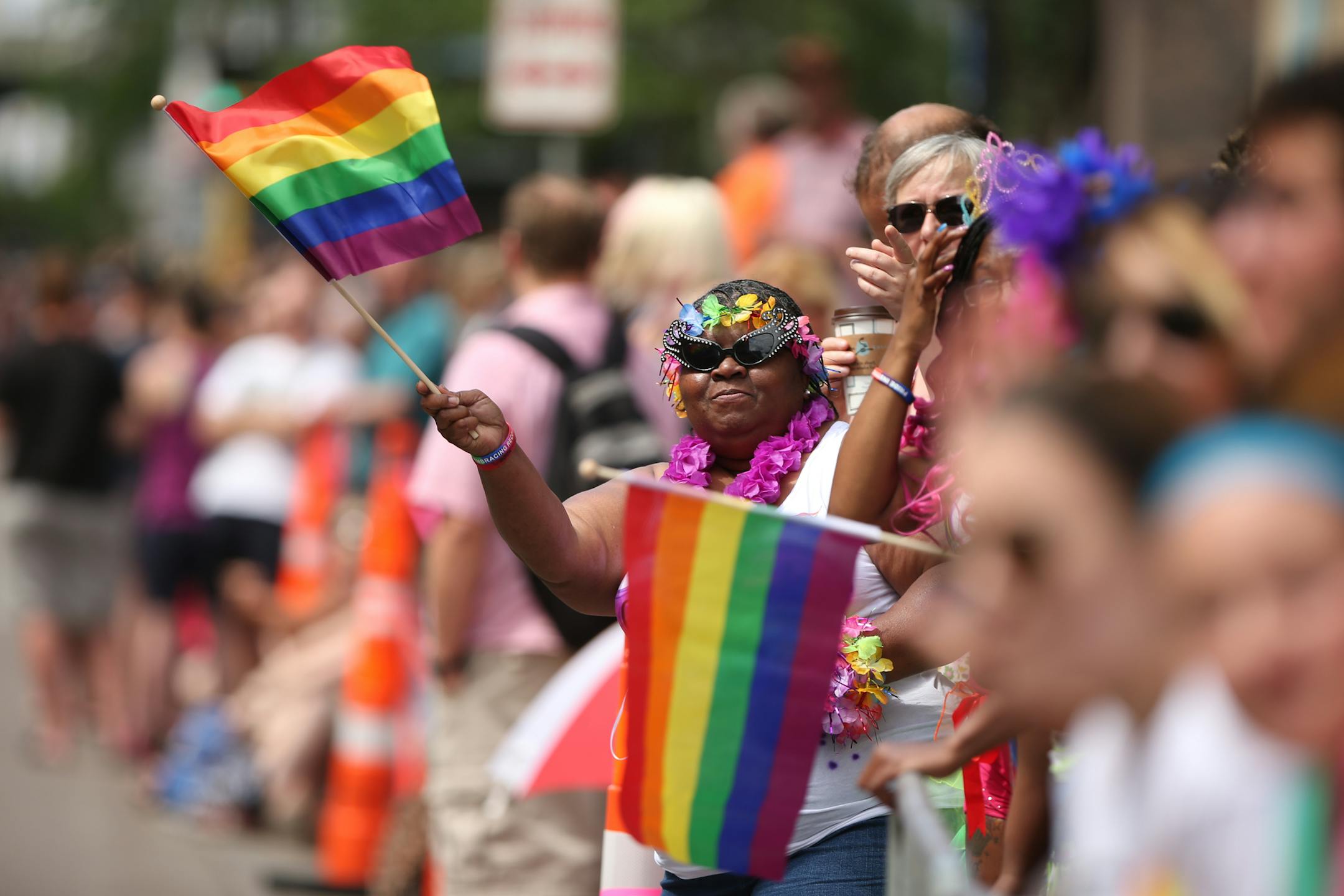 Spectators wave rainbow flags at the Pride Parade in Minneapolis in 2015.
