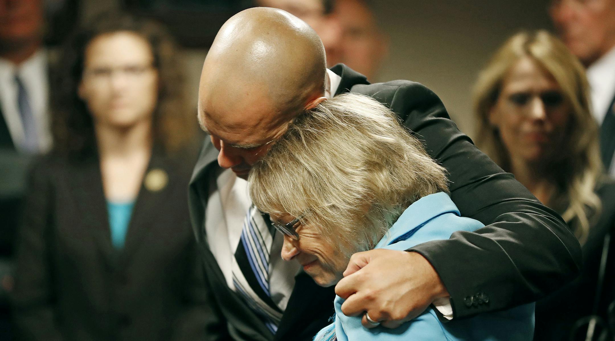 Patty Wetterling is consoled by son Trevor during a press conference after Danny Heinrich admitted killing her son Jacob on Sept. 6, 2016 in Minneapolis, Minn. Trevor was with Jacob on the night he was abducted. (Jerry Holt/Minneapolis Star Tribune/TNS) ORG XMIT: 1189740 ORG XMIT: MIN1609061630301590