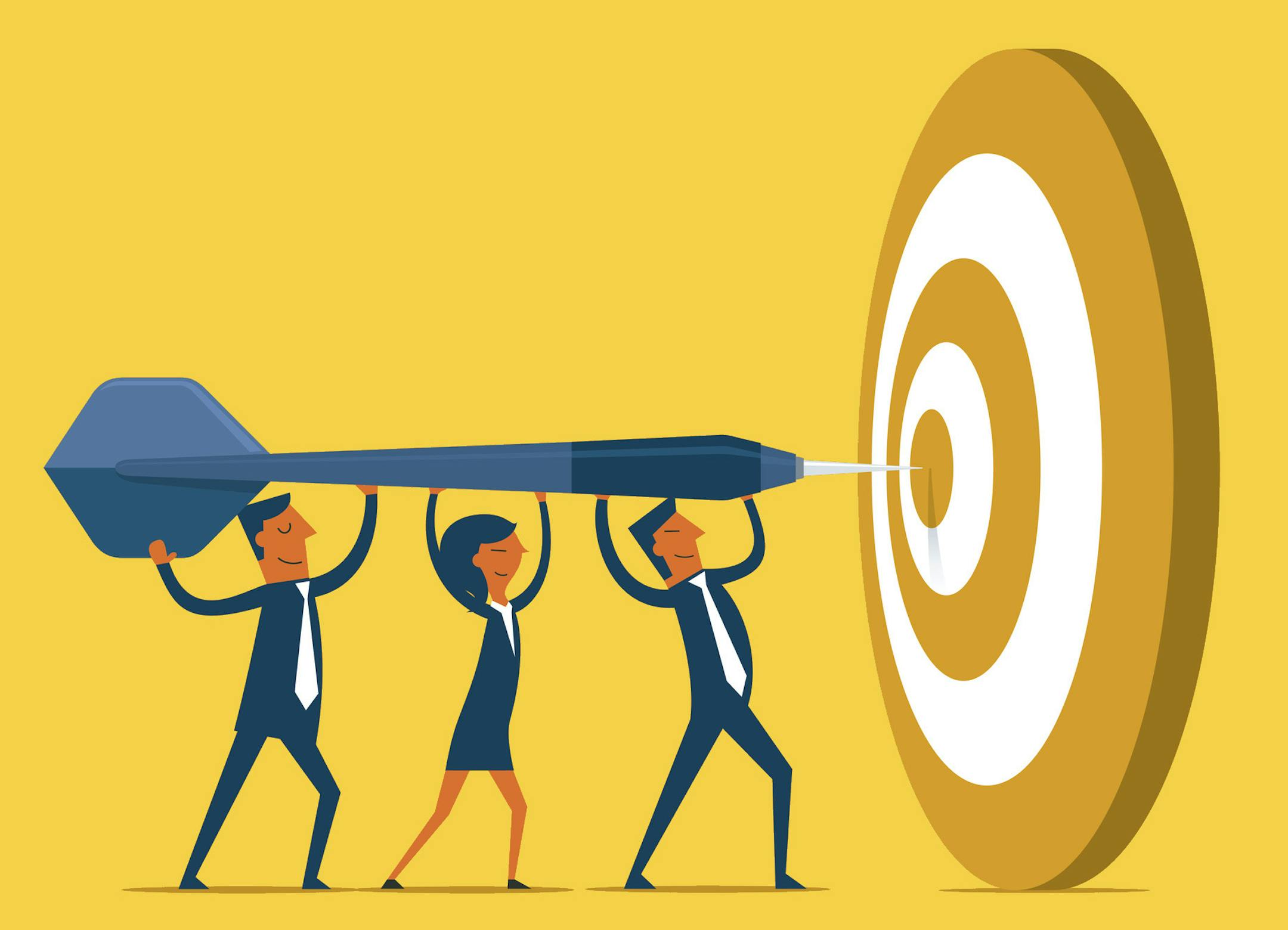 Business Team on a dart hitting the target