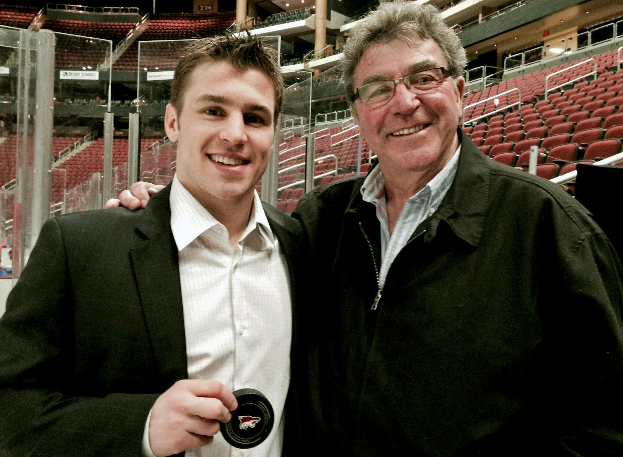 J.P. Parise, right, accompanied his son, Zach, and the Wild on a trip last season after J.P. was diagnosed with lung cancer. Left: Ryan Suter and his father, Bob, appeared at a promotional photo shoot last winter. Bob Suter died in September at age 57.