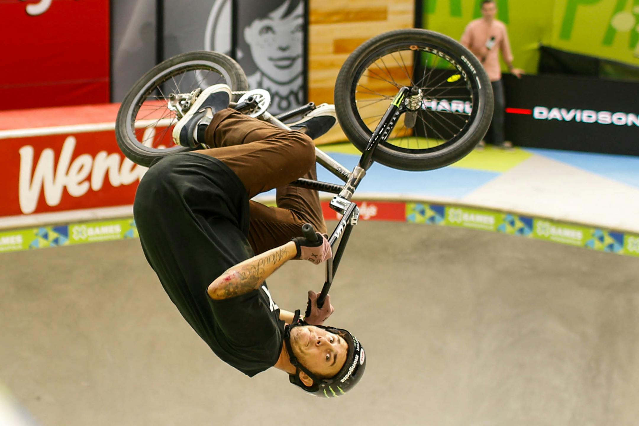 Kevin Peraza saved a few high-difficulty bicycle stunts for the final day of competition Sunday, in Dave Mirra's BMX Park Best Trick at the Summer X Games at U.S. Bank Stadium.