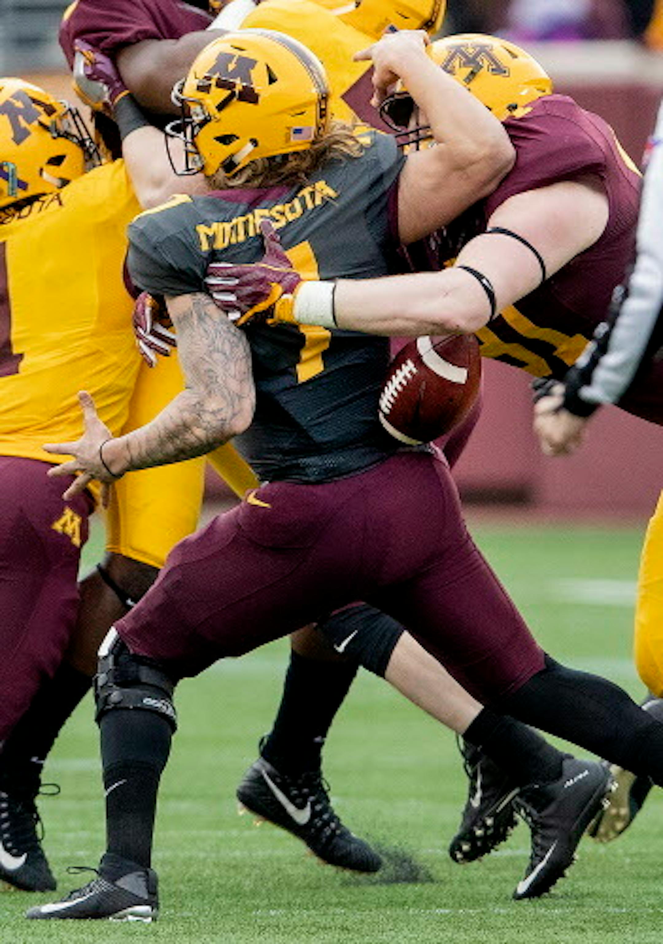 Noah Hickcox (91) strip sacked quarterback Vic Viramontes (7).