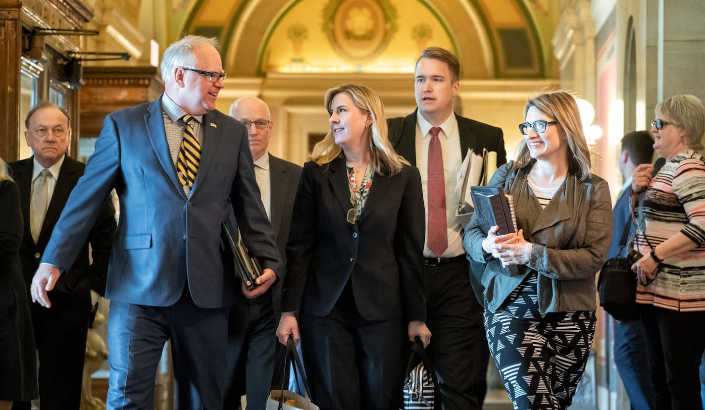 Governor Tim Walz, MMB Commissioner Myron Frans, House Speaker Melissa Hortman and Lt. governor Peggy Flanagan head into another round of budget negotiations Tuesday afternoon. ] GLEN STUBBE &#x2022; glen.stubbe@startribune.com Tuesday, May 14, 2019