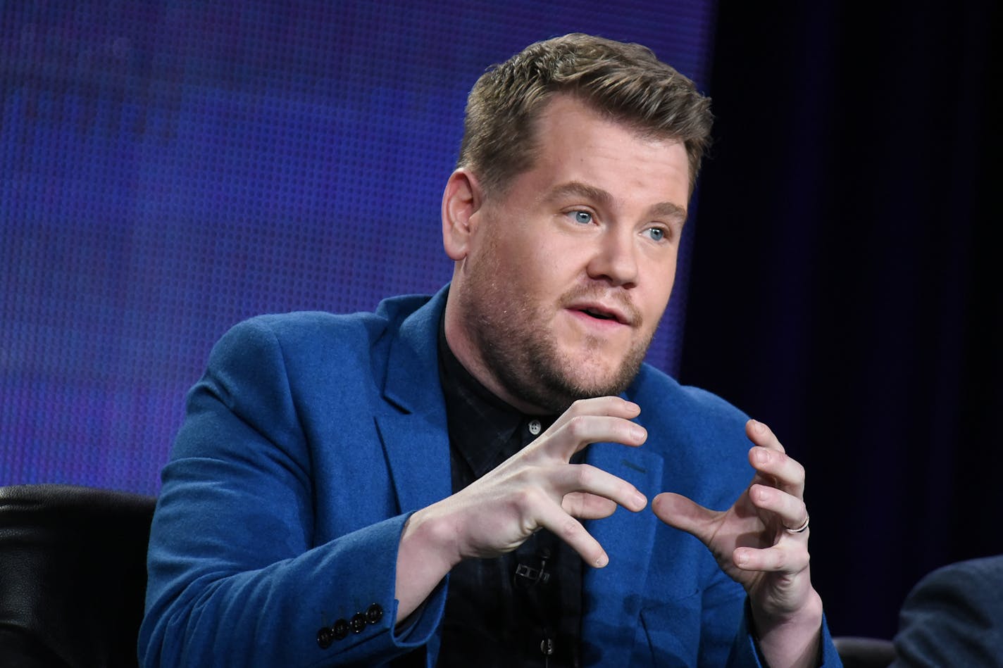 James Corden speaks on stage during "The Late Late Show with James Corden" panel at the CBS/Showtime 2015 Winter TCA on Monday, Jan. 12, 2015, in Pasadena, Calif. (Photo by Richard Shotwell/Invision/AP) ORG XMIT: INVW