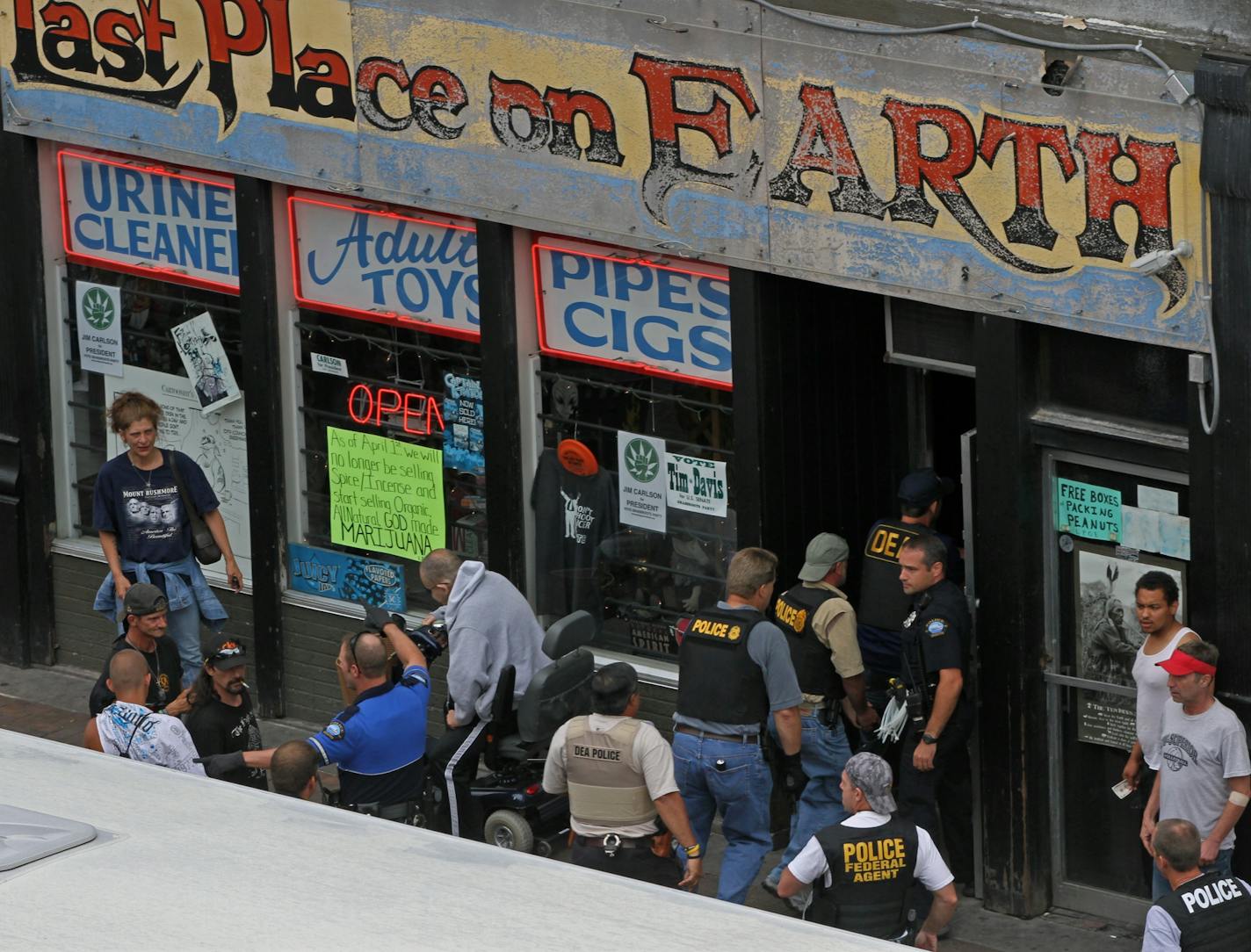 U.S. Marshalls, DEA and Duluth Police burst out of a transit bus and stormed the Last Place on Earth head shop on Superior Street in downtown Duluth on a drug raid in 2012.