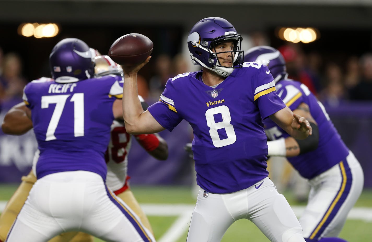 Minnesota Vikings quarterback Sam Bradford throws a pass during the first half of an NFL preseason football game against the San Francisco 49ers, Sunday, Aug. 27, 2017, in Minneapolis. (AP Photo/Jim Mone)