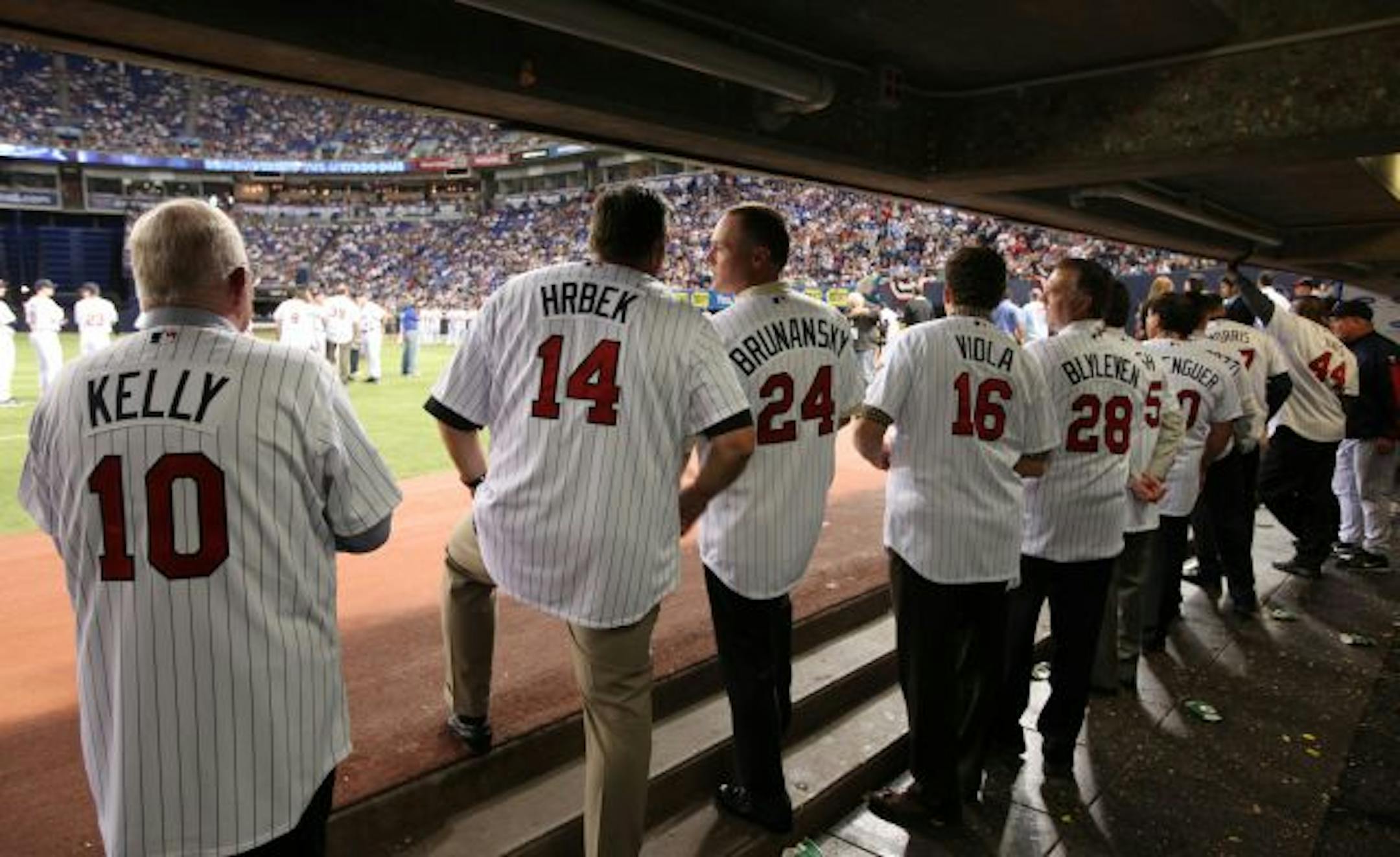 Minnesota Twins legends and members of the All-Metrodome team, gathered in the dugout before being introduced in a ceremony after the Twins victory over Kansas City on Sunday afternoon.