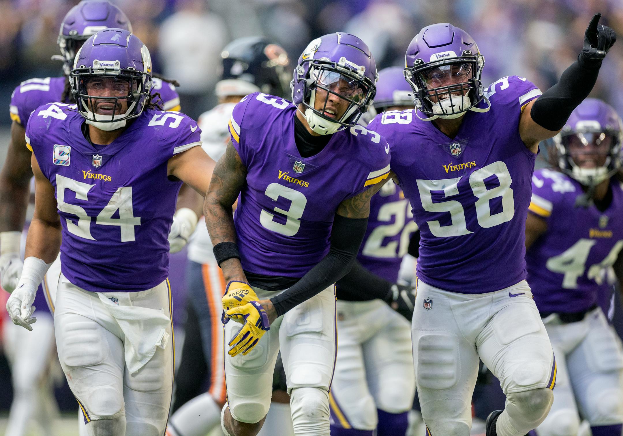 Cameron Dantzler (3) of the Minnesota Vikings celebrates after stripping the ball to seal the win Sunday, October 9, 2022, at U.S. Bank Stadium in Minneapolis, Minn. ] CARLOS GONZALEZ • carlos.gonzalez@startribune.com.