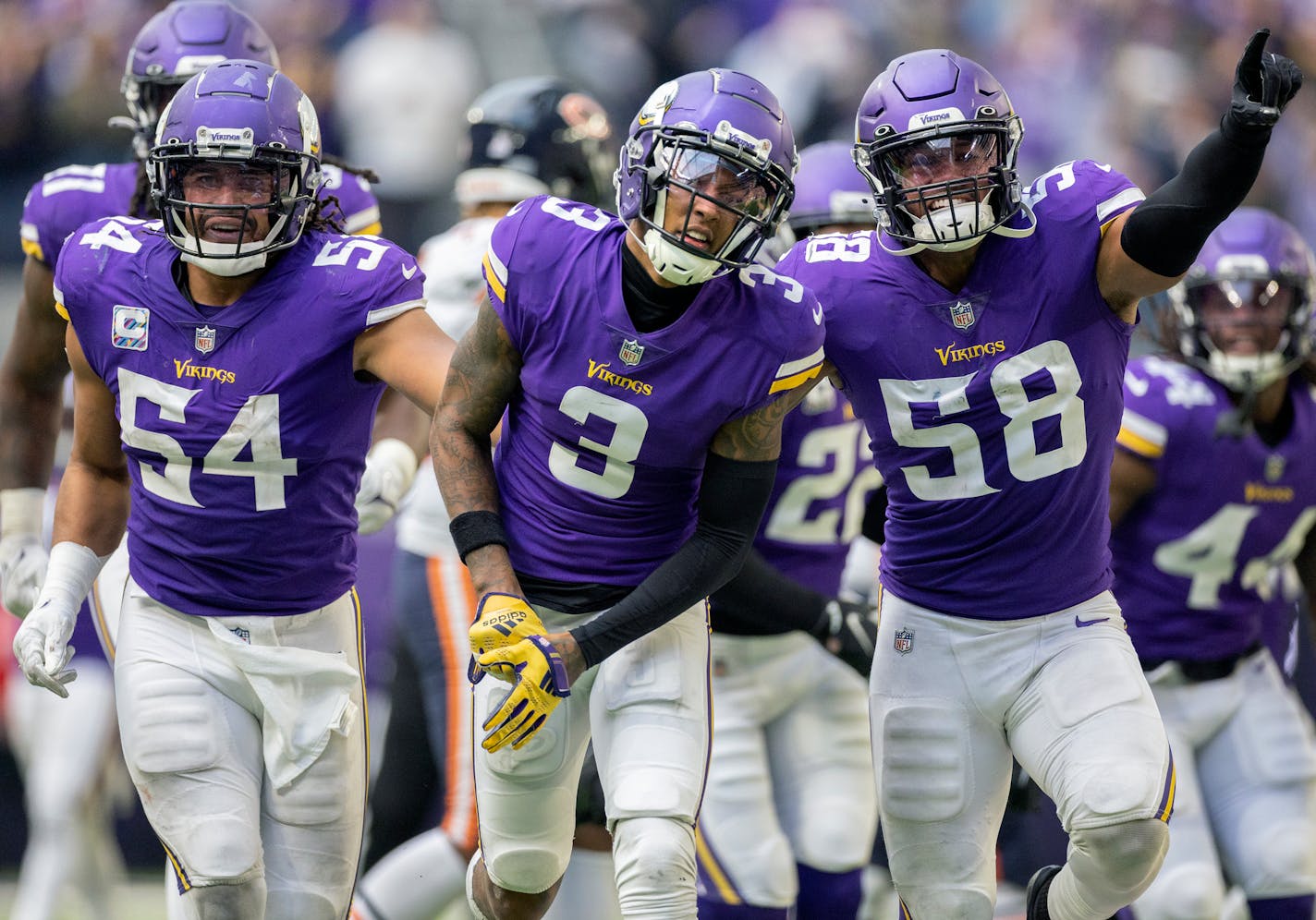 Cameron Dantzler (3) of the Minnesota Vikings celebrates after stripping the ball to seal the win Sunday, October 9, 2022, at U.S. Bank Stadium in Minneapolis, Minn. ] CARLOS GONZALEZ • carlos.gonzalez@startribune.com.