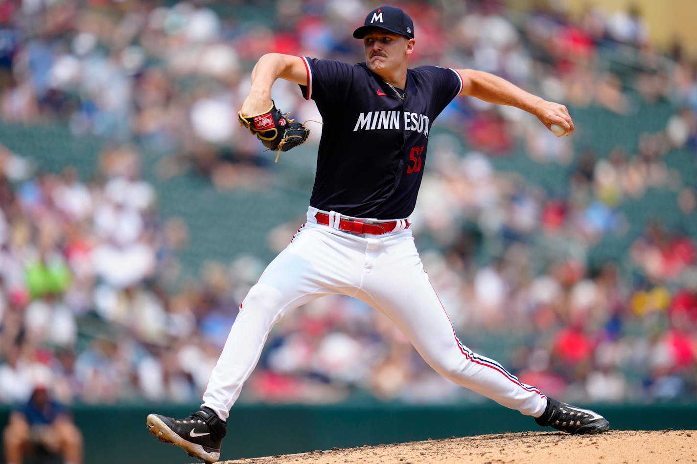 Minnesota Twins relief pitcher Brent Headrick delivers during the fifth inning of a baseball game against the Detroit Tigers, Saturday, June 17, 2023, in Minneapolis. (AP Photo/Abbie Parr)