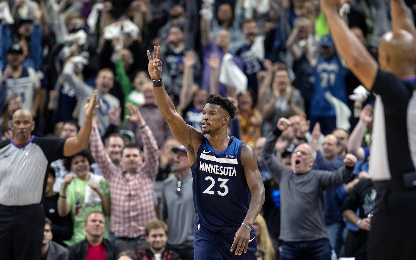 Jimmy Butler (23) reacted after hitting a three-pointer during the third quarter of Game 3.